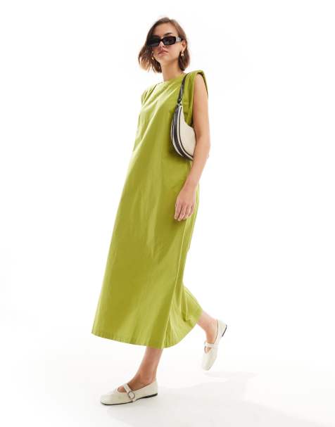 ASOS DESIGN – Olivgrön, formlös midiklänning i bomull med axelvaddar - view 1