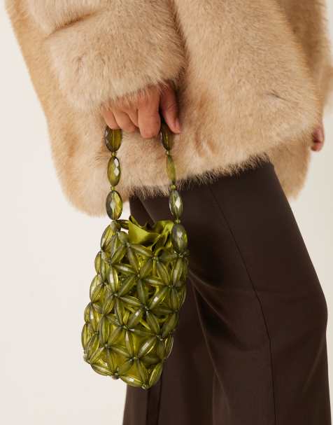 ASOS DESIGN – Olivgrön kuvertväska med pärlor och platt botten - view 1