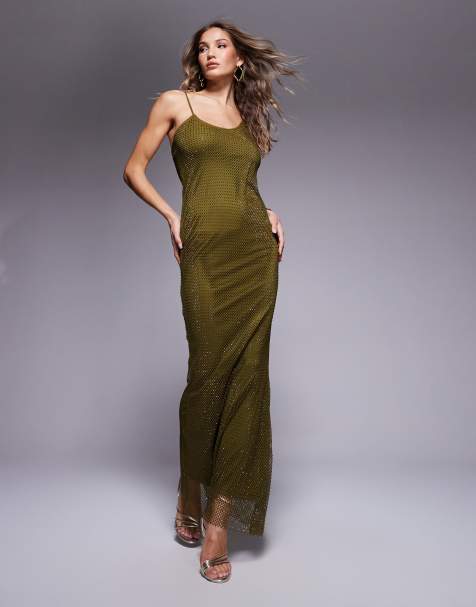 ASOS DESIGN – Olivgrön maxiklänning med asymmetrisk drapering, fisknät och hotfix - view 1