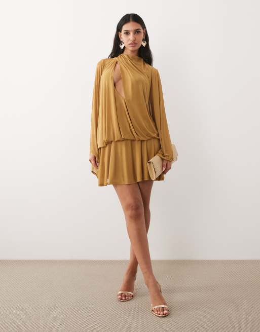 ASOS DESIGN – Olivgrön miniklänning med drapering, utskurna detaljer och blusärmar, 3 av 4
