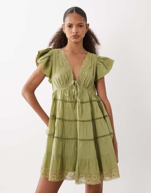 ASOS DESIGN – Olivgrön miniklänning med v-ringning och knytning framtill, 3 av 4