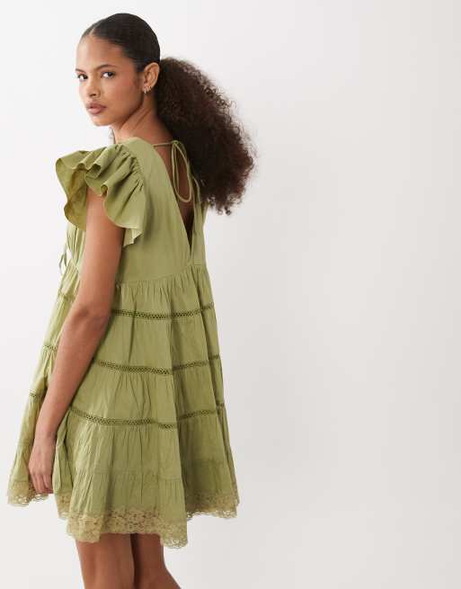 ASOS DESIGN – Olivgrön miniklänning med v-ringning och knytning framtill, 4 av 4