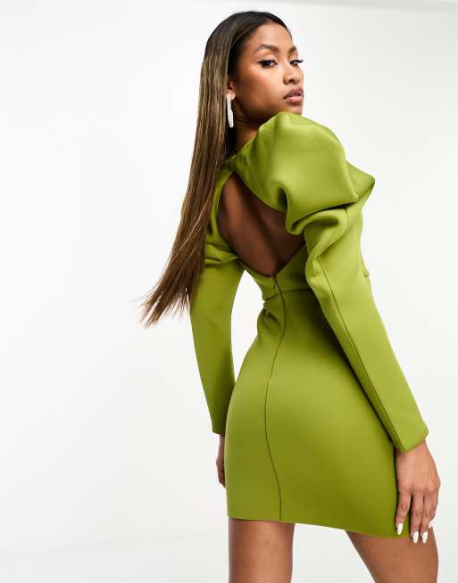 ASOS Design – Olivgrön miniklänning med volymärm och öppen rygg, 2 av 4