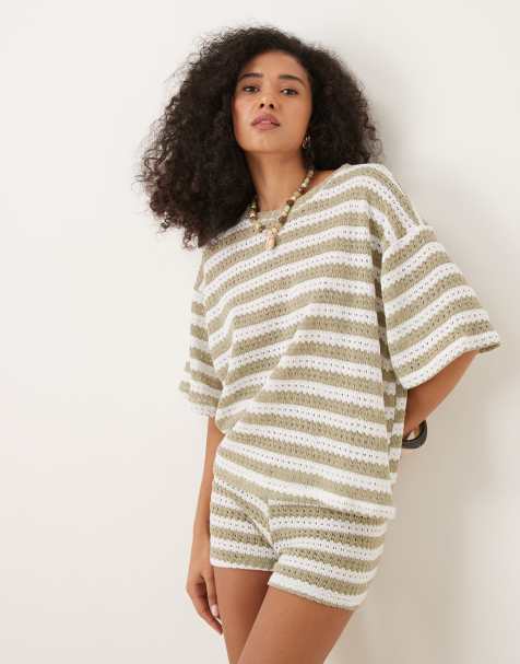 ASOS DESIGN – Olivgrön och gräddvit, randig, stickad t-shirt i oversize, del av set - view 1