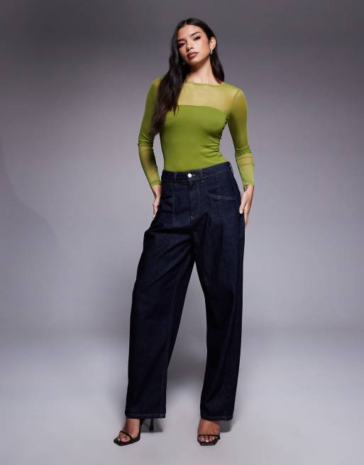 ASOS DESIGN – Olivgrön, panelsydd body i mixad mesh med långa ärmar , 2 av 4