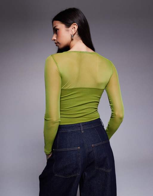 ASOS DESIGN – Olivgrön, panelsydd body i mixad mesh med långa ärmar , 3 av 4