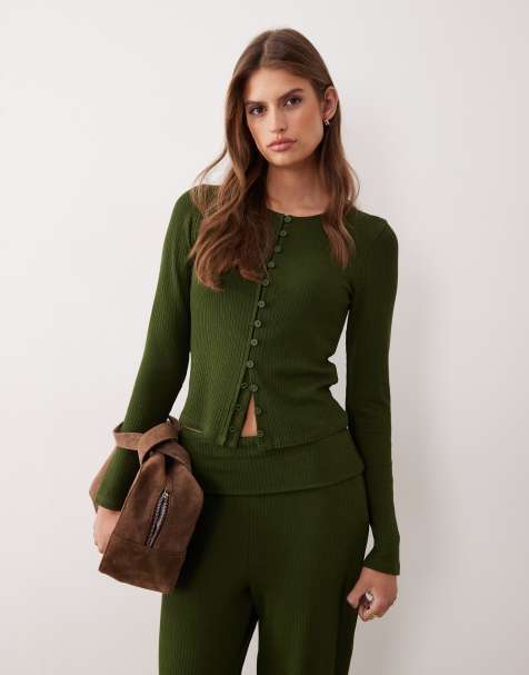 ASOS DESIGN – Olivgrön, ribbad kofta med långa ärmar och figurnära design - view 1