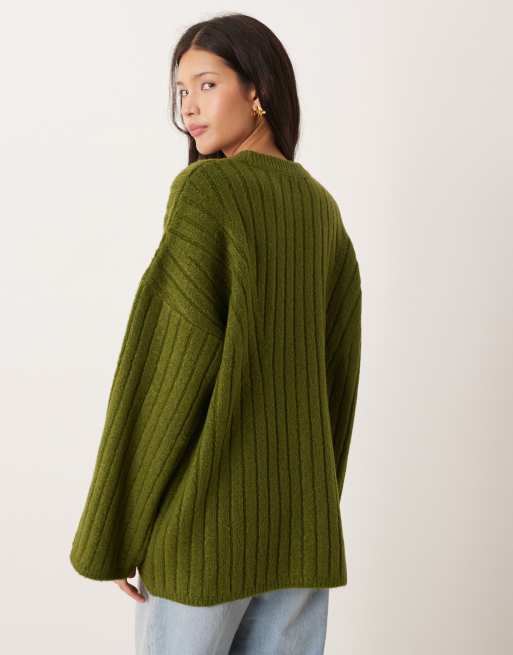 ASOS DESIGN – Olivgrön, ribbad tröja i lång modell med rund halsringning, 4 av 4