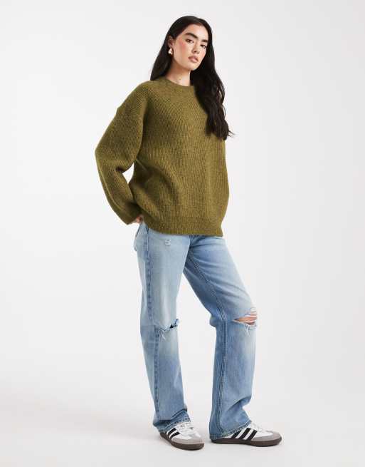 ASOS DESIGN – Olivgrön, ribbad tröja i oversize med rund halsringning och cocoon-ärmar, 3 av 4