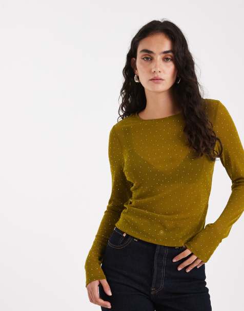 ASOS DESIGN – Olivgrön, strukturerad topp med långa ärmar och strass i mesh - view 1