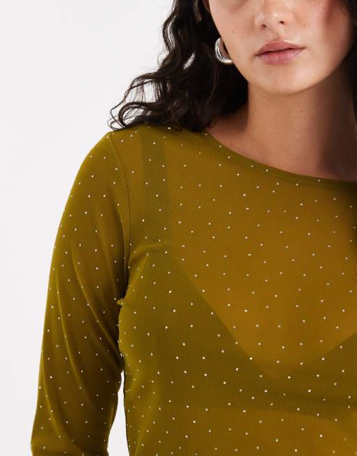 ASOS DESIGN – Olivgrön, strukturerad topp med långa ärmar och strass i mesh, 4 av 4
