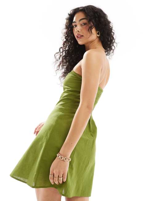 ASOS DESIGN – Olivgrön sundress av linnetyg i minilängd med bandeauringning, 4 av 4