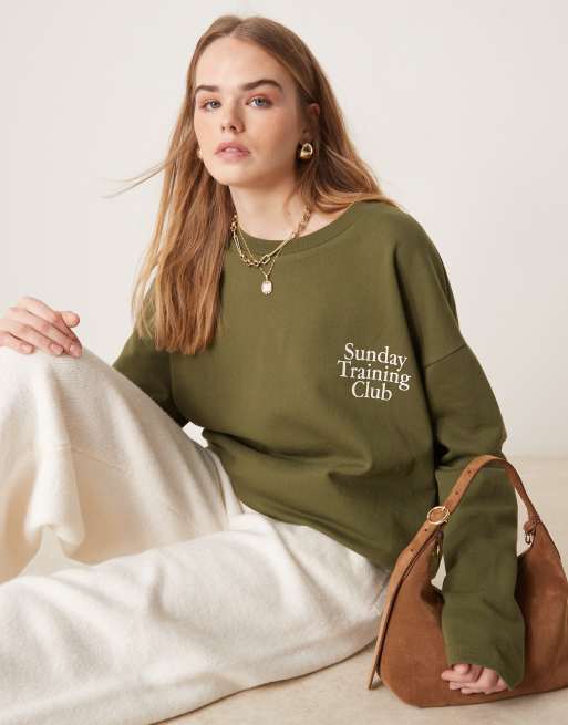 ASOS DESIGN – Olivgrön topp i oversize med lång ärm och puffigt 