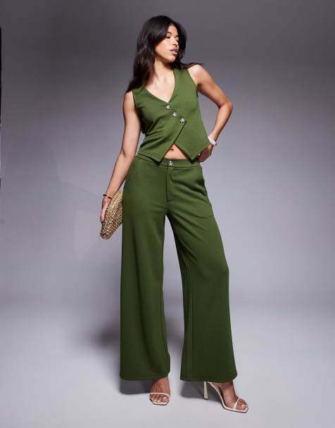 ASOS DESIGN – Olivgröna byxor i jersey-twill med vida ben, del av set - view 1