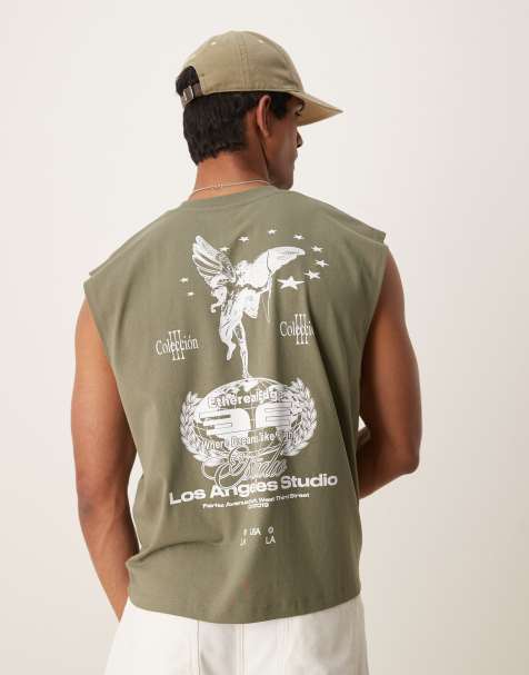 ASOS DESIGN – Olivgrönt linne i oversize med boxig passform och kerubtryck - view 1