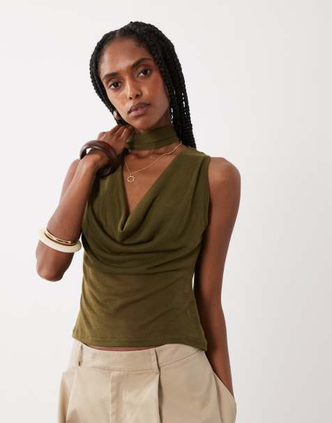 ASOS DESIGN – Olivgrönt, mjukt, halvskirt linne med draperad ringning och scarf - view 1
