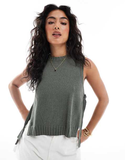 ASOS DESIGN crew neck knit tabard vest with tie sides in olive