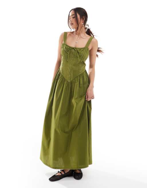 ASOS DESIGN – Oliwkowa gorsetowa sukienka letnia midi z koronką