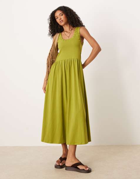 ASOS DESIGN ruched scoop smock midi dress in olive