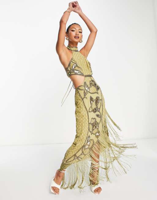 ASOS DESIGN – Oliwkowa ołówkowa sukienka midi z dekoltem typu halter w kwiatowy wzór z frędzlami