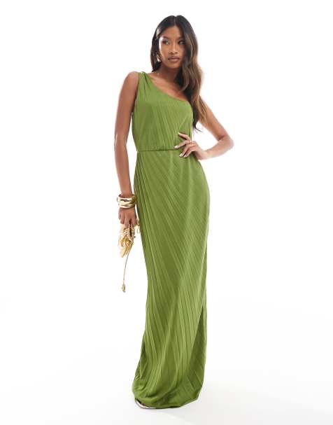 ASOS DESIGN – Oliwkowa plisowana sukienka maxi ze skręconym ramiączkiem - view 1