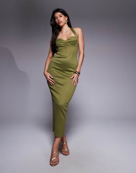 ASOS DESIGN – Oliwkowa profilowana sukienka gorsetowa midi - view 1
