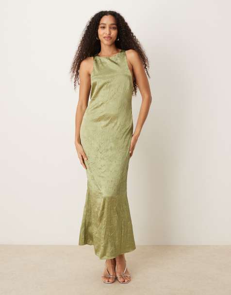 ASOS DESIGN racer twist back crinkle satin maxi dress in olive