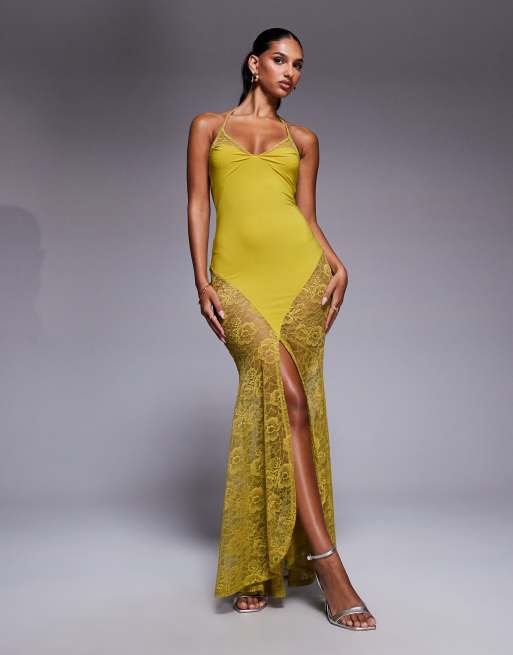 ASOS DESIGN – Oliwkowa sukienka maxi na ramiączkach z dekoltem typu halter, trenem i koronkowym wykończeniem