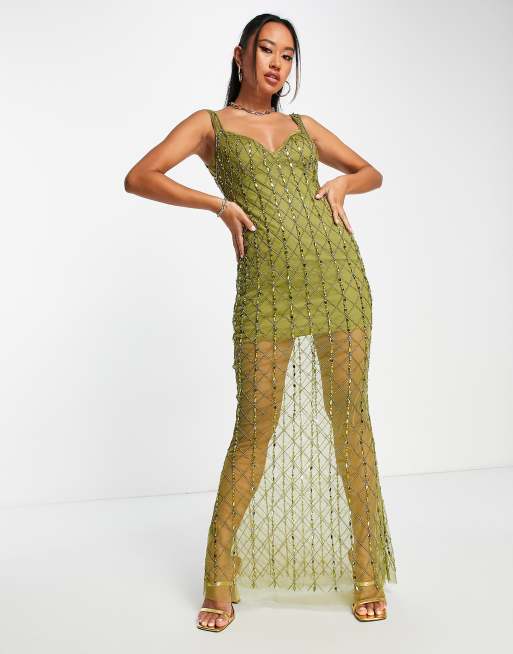 ASOS DESIGN – Oliwkowa sukienka maxi na ramiączkach ze zdobieniem z cekinami na całości