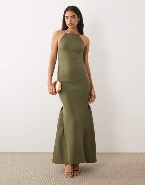 ASOS DESIGN – Oliwkowa sukienka maxi o kroju syrenki z materiału w stylu scuba z zabudowanym dekoltem i odkrytymi plecami - view 1