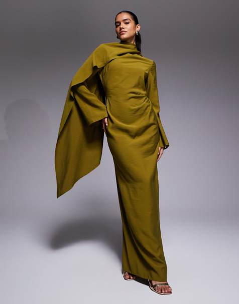 ASOS DESIGN – Oliwkowa sukienka maxi z długimi rękawami i ozdobnym szalem - view 1
