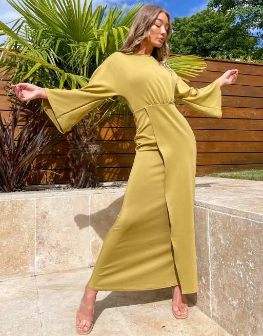 ASOS DESIGN – Oliwkowa sukienka maxi z ozdobnie skręconym przodem i rozszerzanymi rękawami