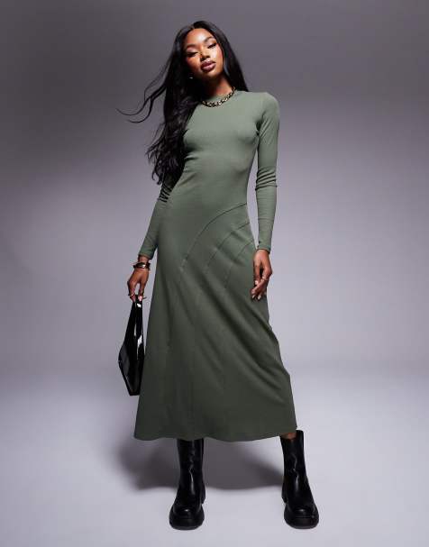 ASOS DESIGN –Oliwkowa sukienka midi z długim rękawem, dekoltem w kształcie litery U i ozdobnymi przeszyciami - view 1