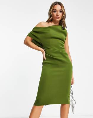 ASOS DESIGN – Oliwkowa sukienka midi z opadającym ramieniem i zakładkami z materiału scuba