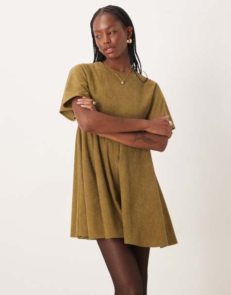 ASOS DESIGN cord t-shirt mini dress with stitching detail in olive
