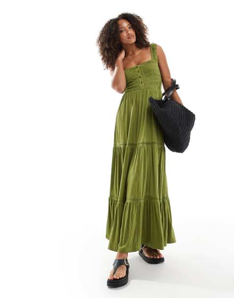 ASOS DESIGN ruched square neck tiered midi dress with lace inserts in olive - MGREEN