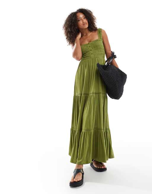 ASOS DESIGN – Oliwkowa warstwowa sukienka midi z marszczeniem, kwadratowym dekoltem i koronkowymi wstawkami