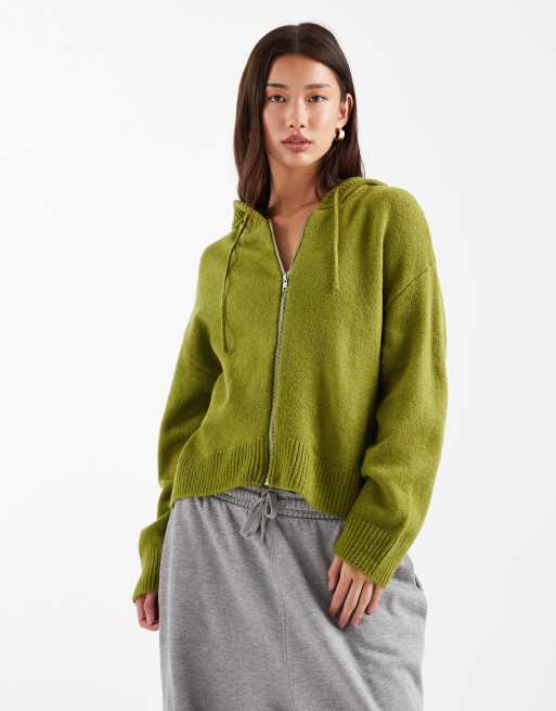 ASOS DESIGN – Oliwkowa zapinana na zamek bluza z kapturem z puszystej dzianiny