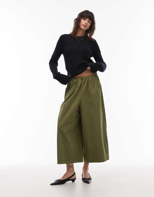 ASOS DESIGN – Oliwkowe kuloty z bawełny z bardzo szerokimi nogawkami, 3 z 5