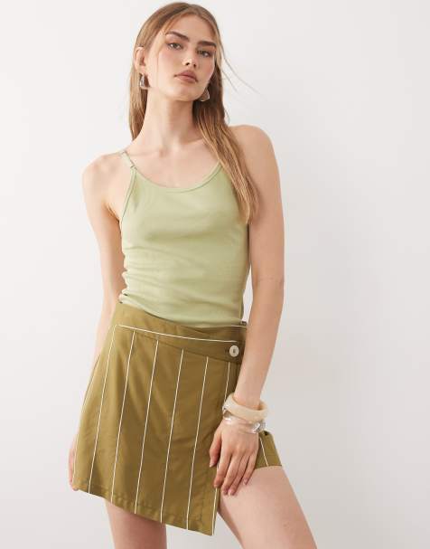 ASOS DESIGN – Oliwkowe spódnicospodnie w paski zapinane na guziki - view 1