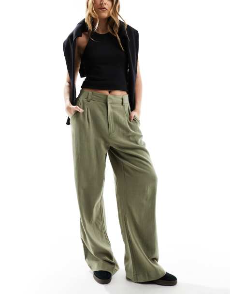 ASOS DESIGN wide leg dad trousers with linen in olive 