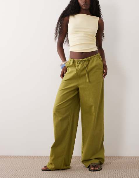 ASOS DESIGN – Oliwkowe wciągane spodnie z imitacji lnu - view 1