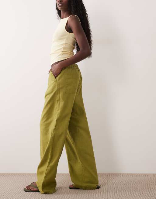 ASOS DESIGN – Oliwkowe wciągane spodnie z imitacji lnu, 2 z 5