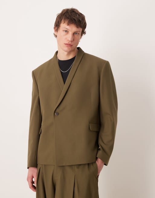 ASOS DESIGN – Oliwkowy garnitur dwurzędowy o pudełkowym i kopertowym kroju z diagonalu, 3 z 3