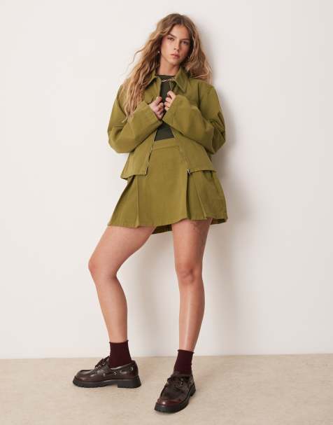 ASOS DESIGN denim mini skirt co-ord with box pleats in olive green