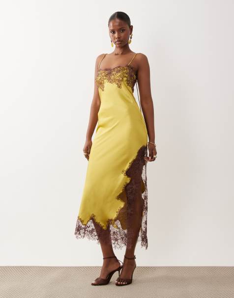 ASOS DESIGN – Oliwkowozielona satynowa sukienka midi z koronkową aplikacją - view 1