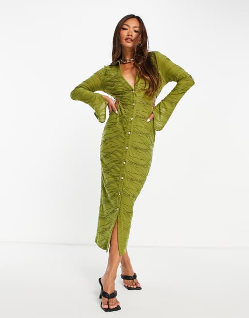 ASOS DESIGN – Oliwkowozielona sukienka koszulowa midaxi o fasonie bodycon z wycięciami