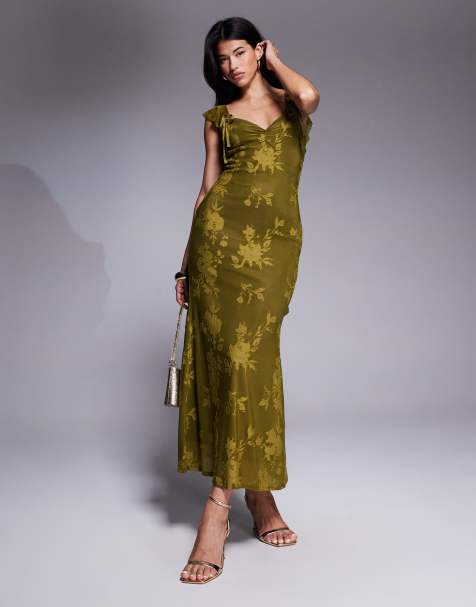 ASOS DESIGN ruffle cami strap maxi dress in olive green