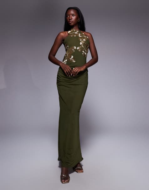 ASOS DESIGN – Oliwkowozielona sukienka maxi z dekoltem typu halter i kwiatowymi zdobieniami 3D - view 1