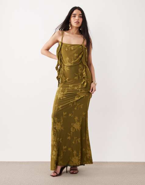 ASOS DESIGN – Oliwkowozielona sukienka maxi z falbanką we wzór devore - view 1